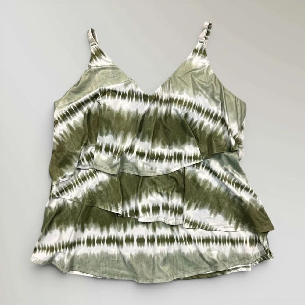 Lane Bryant Cacique Swim Tankini Top Washy Stripes Green White Balonette Size 26